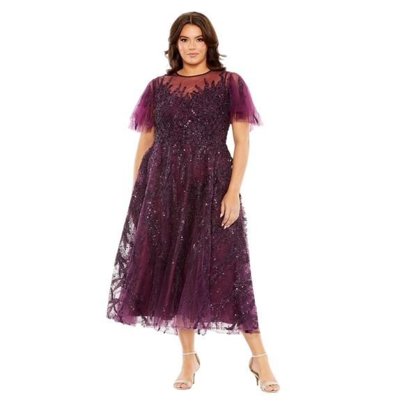 Mac Duggal NWT High Neck Flutter Sleeve A-Line Embellished Dress in Plum Size 16